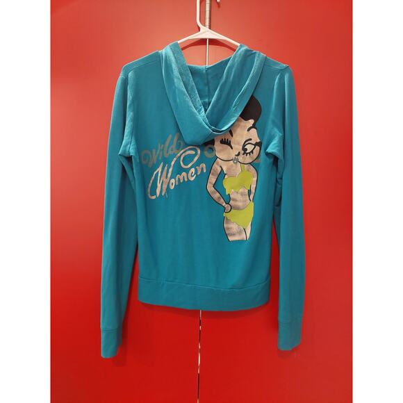 Rare Vintage Betty Boop Wild Women Turquoise Hoody Zipper Sweatshirt - Picture 4 of 6